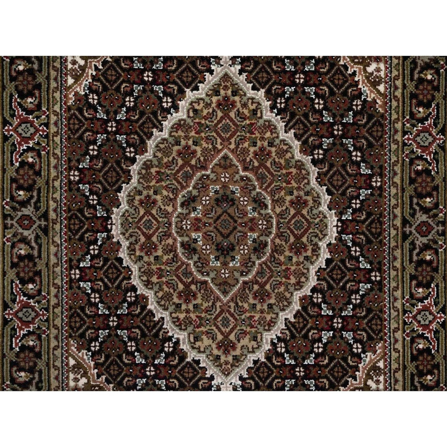 3'X5'4" Black Pure Wool Rug Tebraz Mahi With Medallion Design Hand Knotted