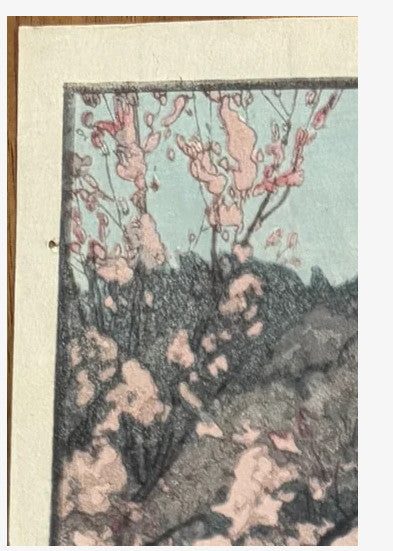 woodblock print of themes eight cherry blossom arashiyama by hiroshi yoshida 1935
