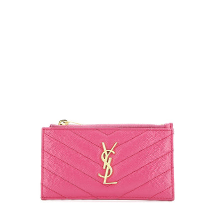 Saint Laurent Monogram Fragments Zip Card Holder Matelasse Chevron Leather