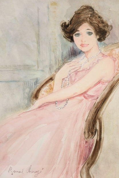 Bernard Charoy Original Watercolor Painting "Lady In Pink Dress" Signed French
