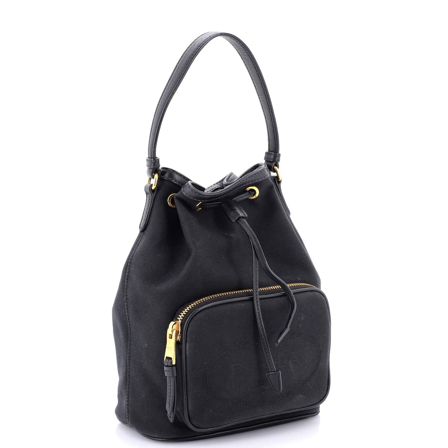 Prada Logo Drawstring Bucket Bag Canvas