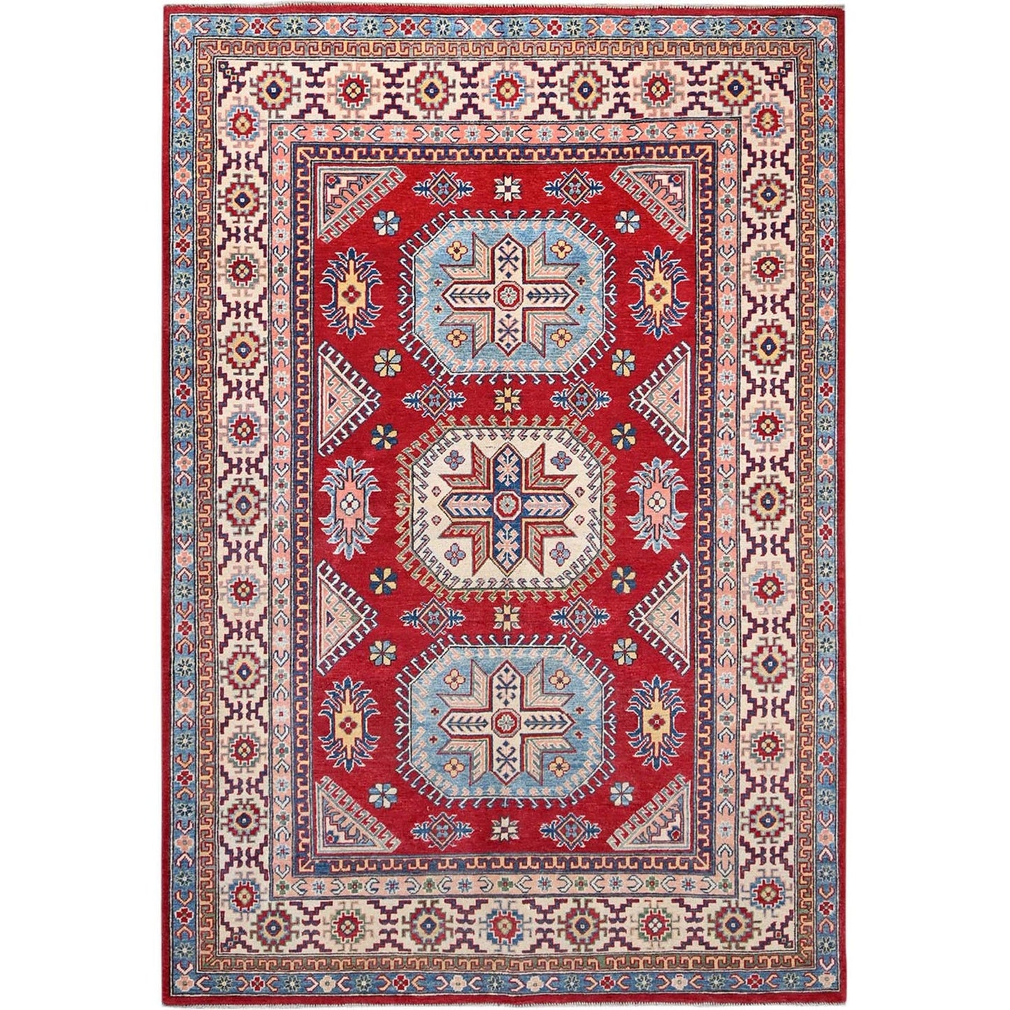 6'X8'9" Toreador Red Hand Knotted Wool Kazak Large Elements Oriental Rug
