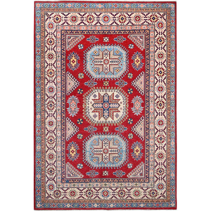 6'X8'9" Toreador Red Hand Knotted Wool Kazak Large Elements Oriental Rug