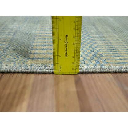 2'X3' Light Blue Wool With Silk Hand Knotted Modern Grass Design Mat Rug