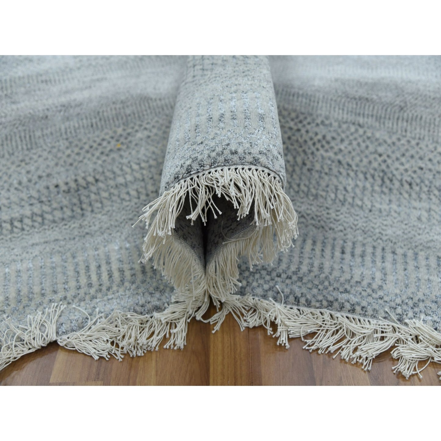 6'X9'2" Gray Modern Grass Design Gabbeh Wool And Silk Hand Knotted Rug