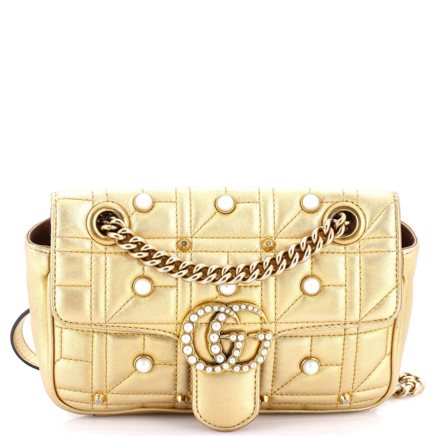 Gucci Pearly Gg Marmont Flap Bag Embellished Matelasse Leather Mini