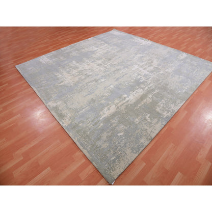 10'X10' Gray Modern Abstract Design Hand Knotted Wool And Silk Square Rug