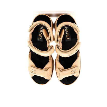 Chanel Women'S Logo Strap Wedge Sandals Quilted Leather