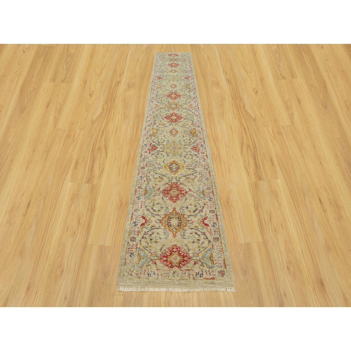 2'9"X15'10" Beige Wool And Silk Sunset Hand Knotted Runner Oriental Rug