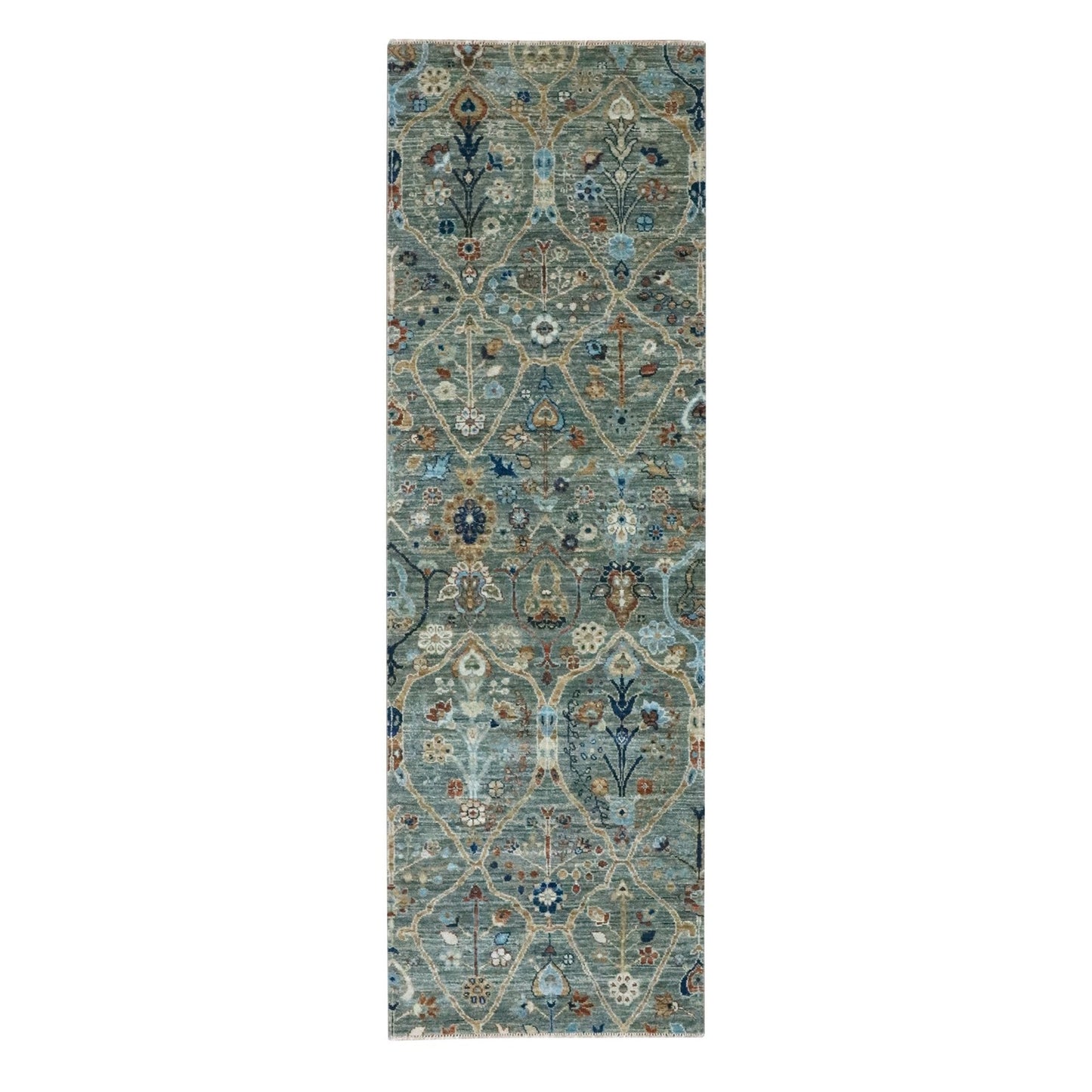 2'8"X8'1" Green Hand Knotted Wool Rug Trellis Borderless Garden Design