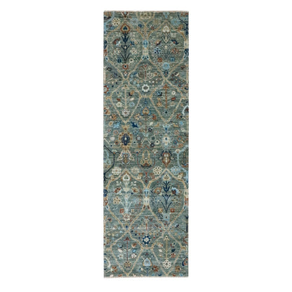 2'8"X8'1" Green Hand Knotted Wool Rug Trellis Borderless Garden Design