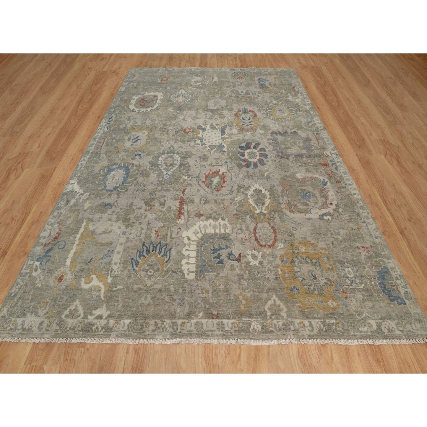 9'X12'1" Gray Broken Pattern Oushak Design Hand Knotted Rug Pure Wool