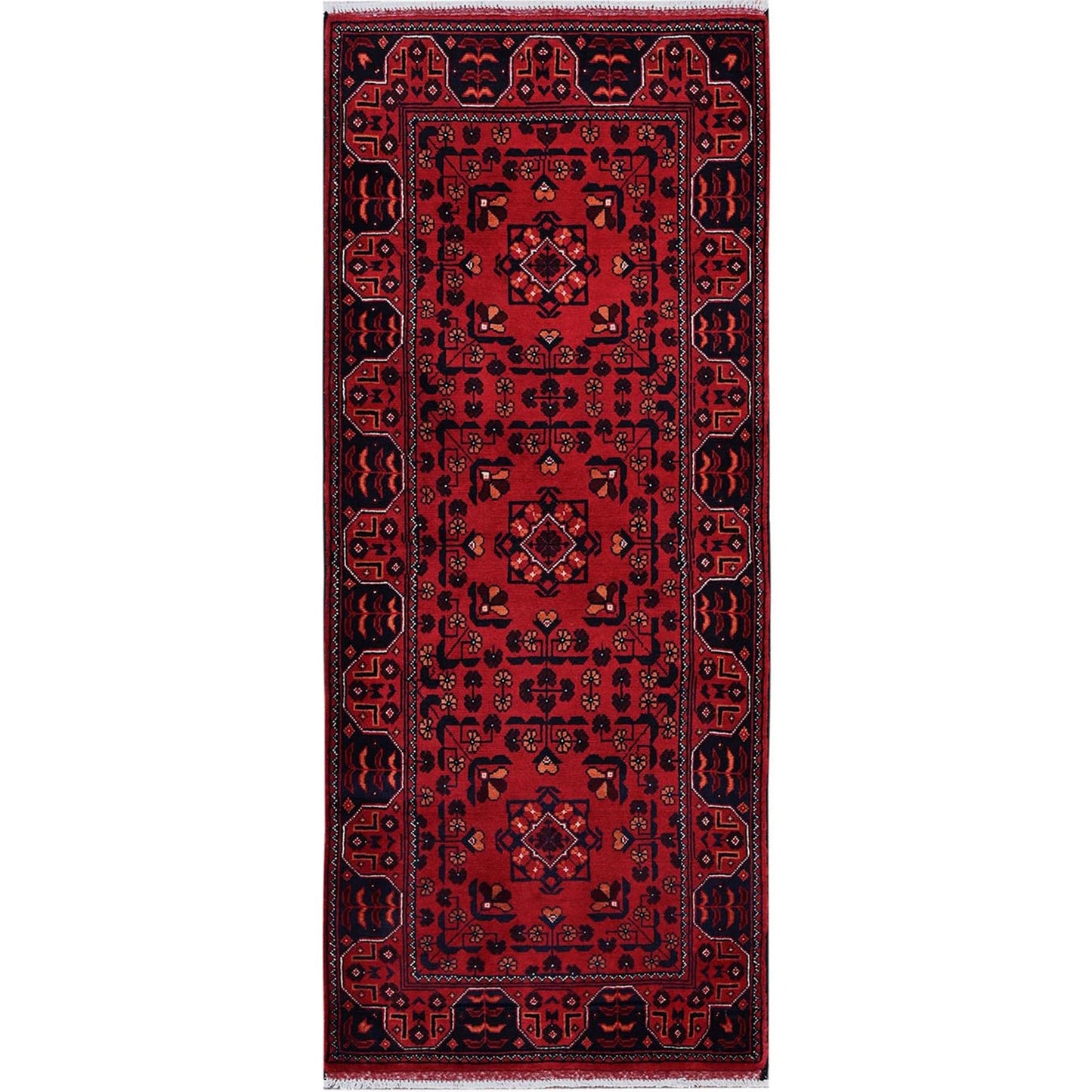 2'3"X5'4" Red Afghan Khamyab Geometric Pattern Hand Knotted Wool Runner Rug