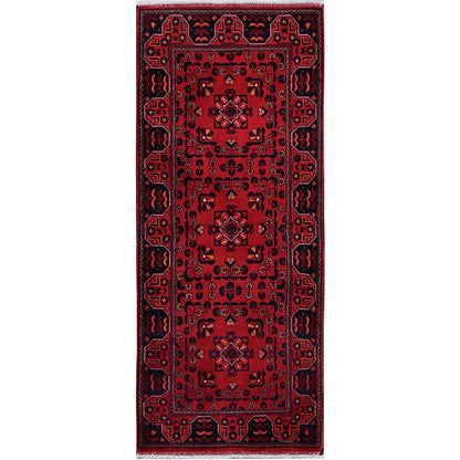 2'3"X5'4" Red Afghan Khamyab Geometric Pattern Hand Knotted Wool Runner Rug