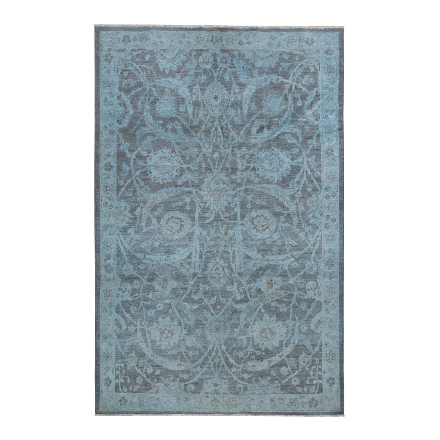 5'9"X9' Arctic Blue Silver Wash Peshawar Hand Knotted Pure Wool Rug