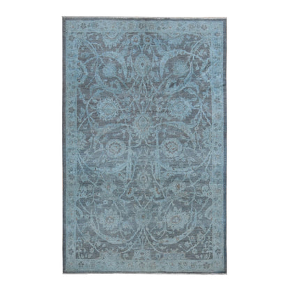 5'9"X9' Arctic Blue Silver Wash Peshawar Hand Knotted Pure Wool Rug