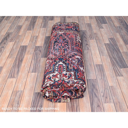7'4"X10'2" Red Hand Knotted Vintage Oriental Heris Village Motifs Rug