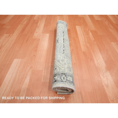 2'1"X3' White Oushak Hand Knotted Pure Silk And Textured Wool Mat Rug