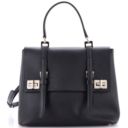 Prada Half Flap Double Turn Lock Satchel Saffiano Leather Medium