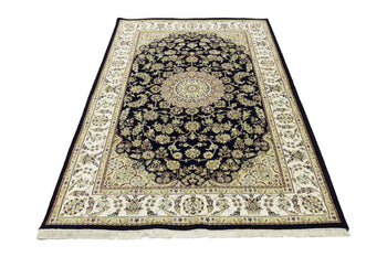Indo Nain Oriental Rug Handmade Wool Carpet Blue