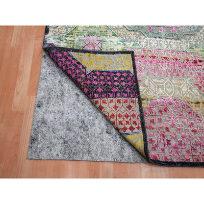 5'1"X7'4" Pink With Yellow Mamluk Design Silk With Wool Hand Knotted Rug