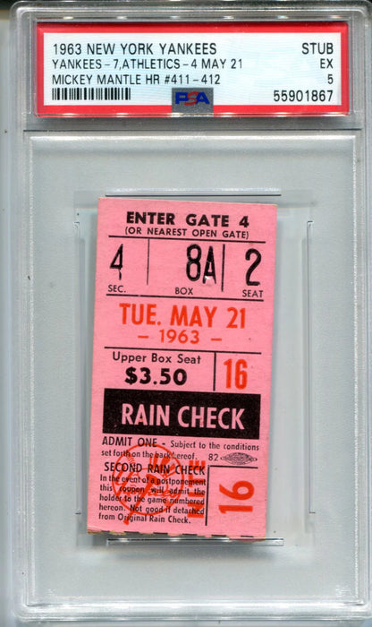 1963 New York Yankees Vs. Athletics 4 May 21 Ticket Stub (Psa Ex 5 )