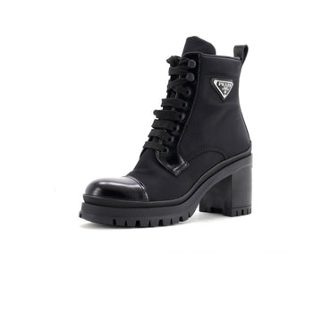 Prada Women'S Triangle Logo Heeled Ankle Boots Nylon And Leather
