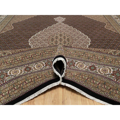11'8"X15'2" Black Hand Knotted Tebraz Mahi Fish Design Wool Oversized Rug