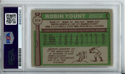 1976 Topps Robin Yount Hof #316 Card Signed Brewers Psa/Dna Gem Mint 10