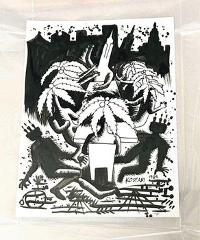 Mark Kostabi 1984 Original Painting Drawing Black Ink On Paper Signed Coa