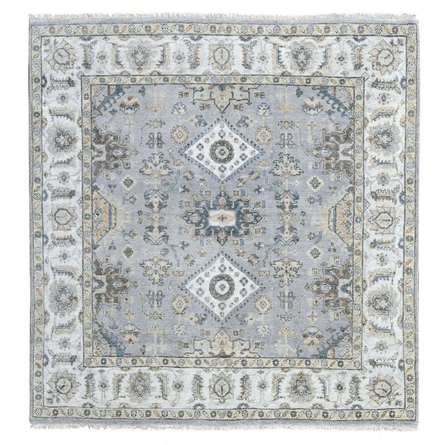 6'2"X6'1" Blue Gray Wool Karjihooz Geometric Hand Knotted Square Rug