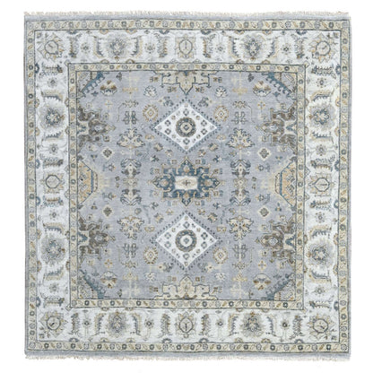 6'2"X6'1" Blue Gray Wool Karjihooz Geometric Hand Knotted Square Rug