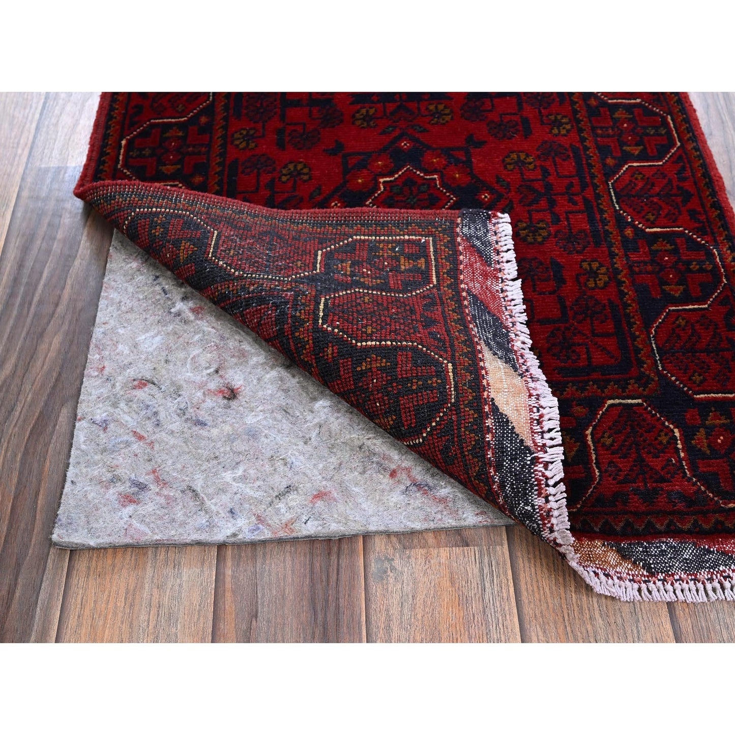 1'10"X5' Red Afghan Khamyab Geometric Pattern Hand Knotted Wool Runner Rug