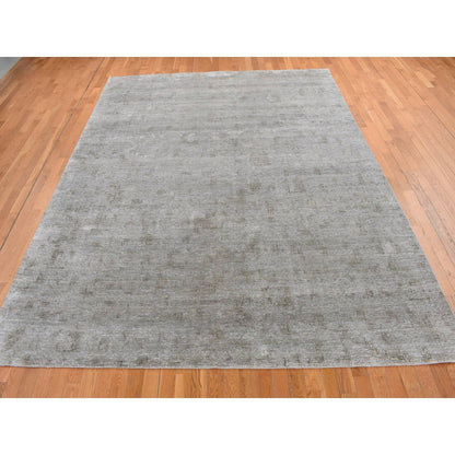 9'X12' Gray Hand Knotted Intricate Small Box Design Silk With Wool Rug