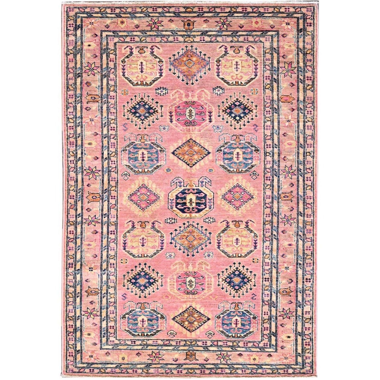 4'X6' Pink Salt Organic Wool Hand Knotted Afghan Super Kazak Rug