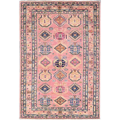 4'X6' Pink Salt Organic Wool Hand Knotted Afghan Super Kazak Rug