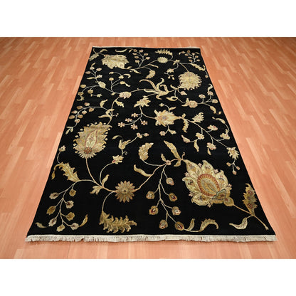 5'10"X8'10" Black Botanical Design Wool & Silk Hand Knotted Oriental Rug
