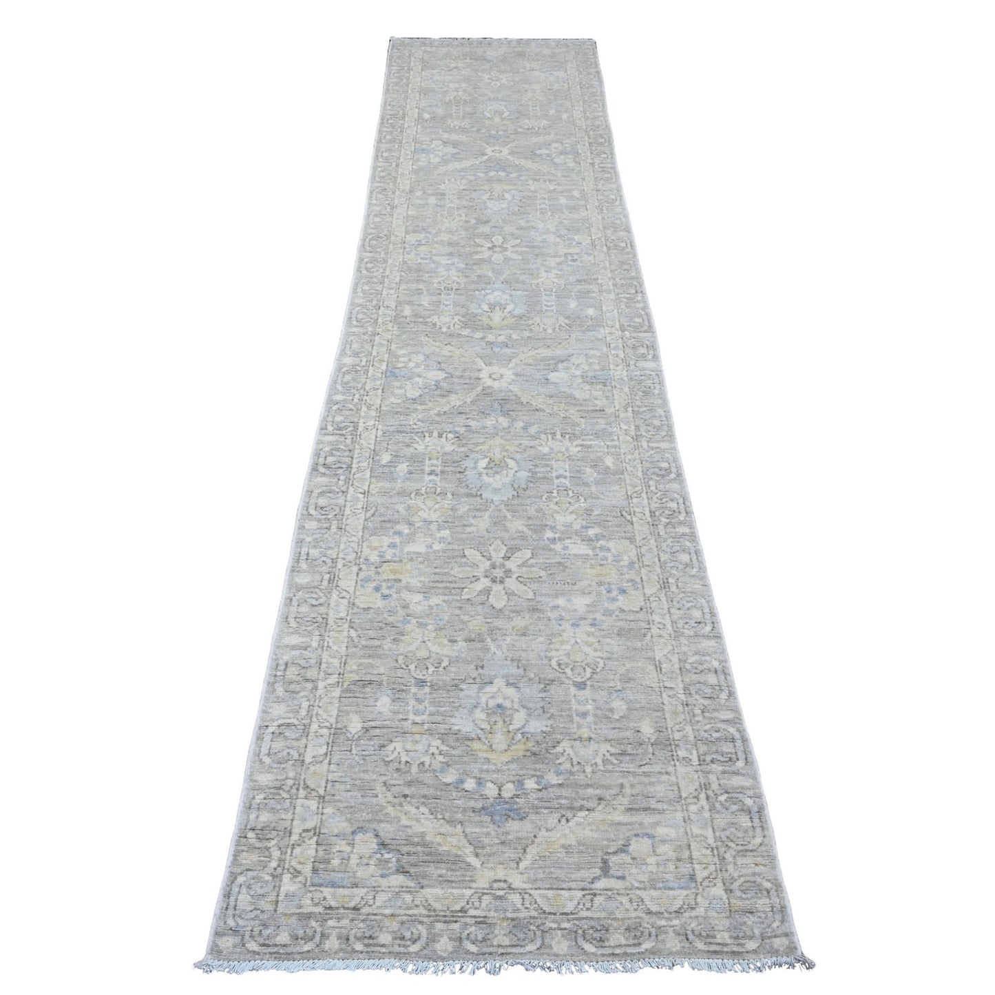 2'8"X11'9" Gray Washed Out Peshawar Hand Knotted Pure Wool Runner Rug
