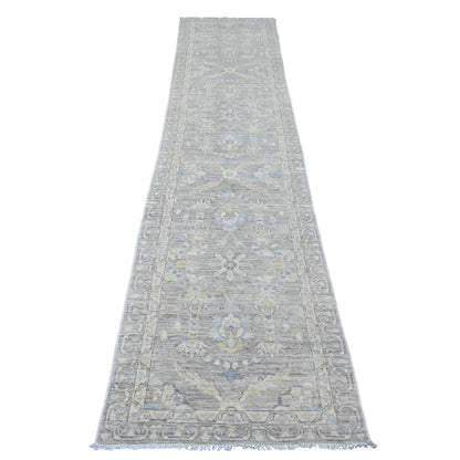 2'8"X11'9" Gray Washed Out Peshawar Hand Knotted Pure Wool Runner Rug