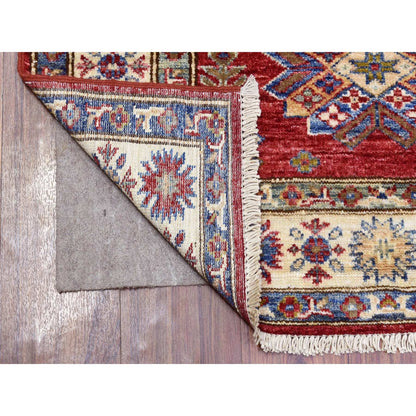 3'1"X11' Rich Red Hand Knotted Kazak Geometric Medallions Wool Runner Rug