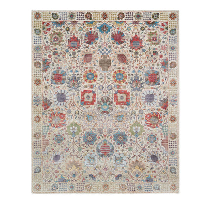 8'3"X10'3" Ivory Hand Knotted Tebraz Vase Silk With Wool Rug