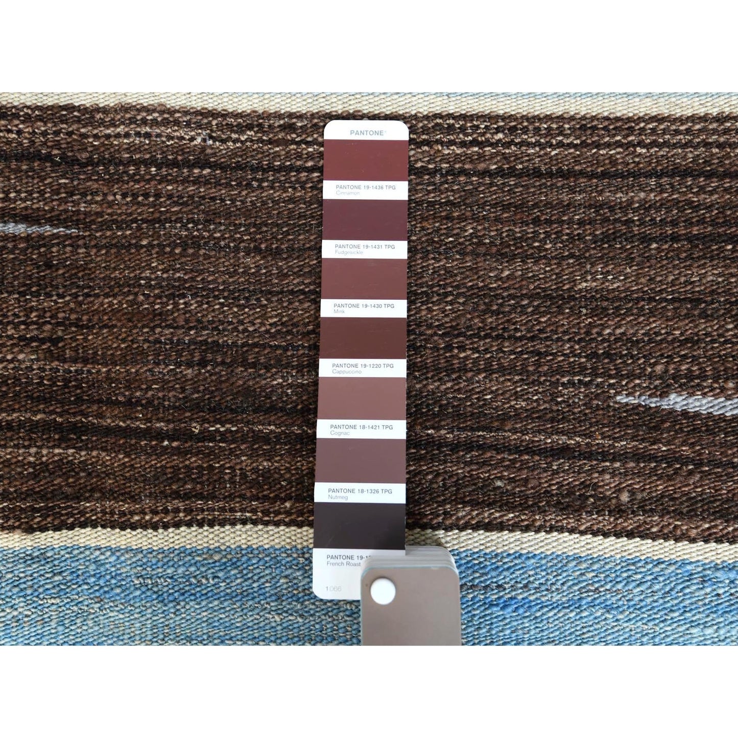 8'2"X10'1" Hand Woven Brown And Blue Mountain Design Flat Weave Kilim Rug