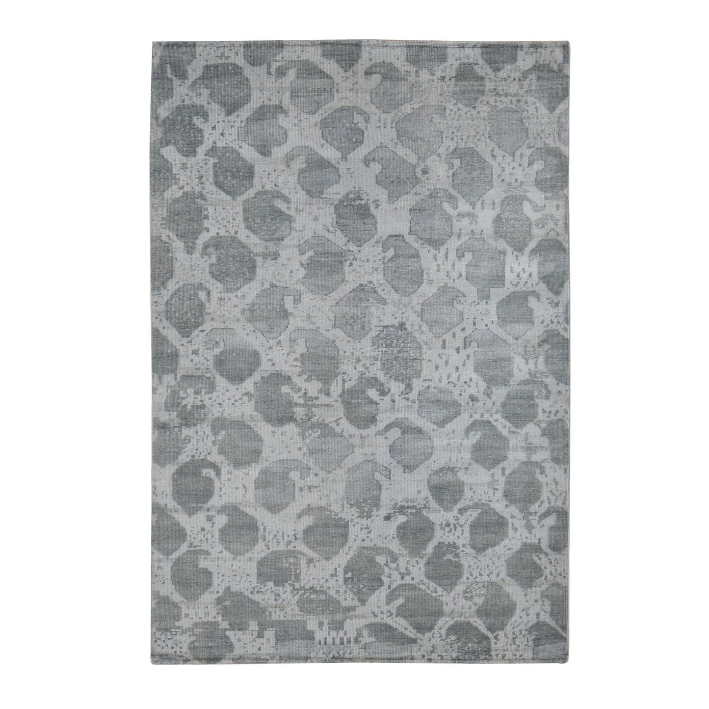 5'10"X9' Gray Oushak Repetitive Botteh Design Pure Wool Hand Knotted Rug