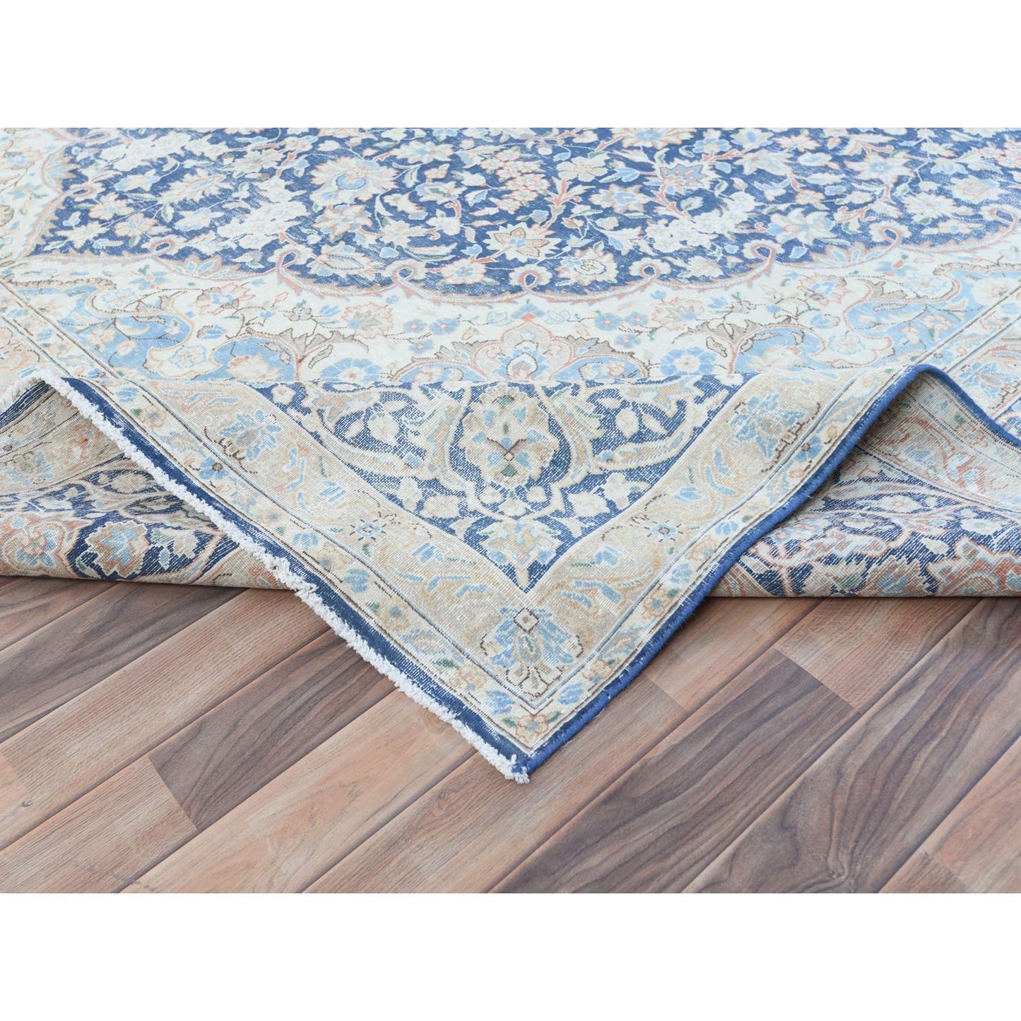9'9"X12'8" Blue Worn Wool Hand Knotted Distressed Old Farsian Karman Rug