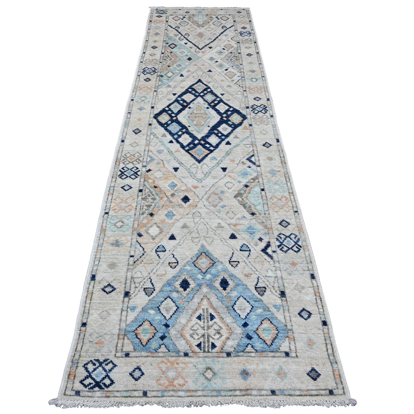 3'1"X11'8" White Anatolian Village Design Wool Hand Knotted Runner Rug