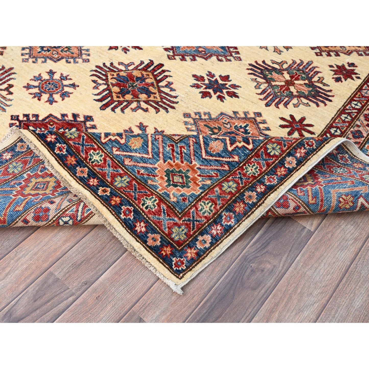 6'X9'3" Heron White Wool Hand Knotted Super Kazak Geometric Oriental Rug