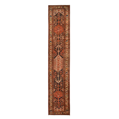 3'1"X16'3" Blue With Red Antique Zoroastrian Hand Knotted Wool Runner Rug