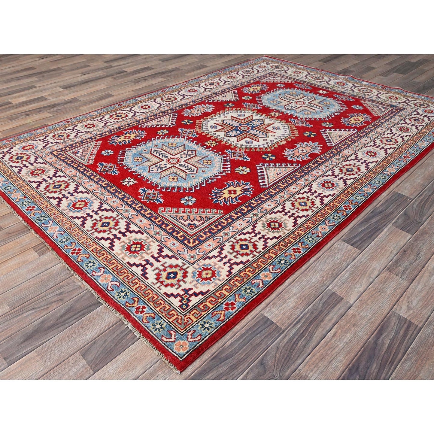 6'X8'9" Toreador Red Hand Knotted Wool Kazak Large Elements Oriental Rug