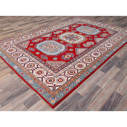 6'X8'9" Toreador Red Hand Knotted Wool Kazak Large Elements Oriental Rug