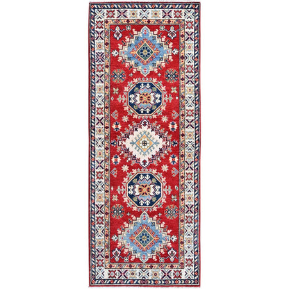 2'7"X6'9" Red Kazak Medallions Design Soft Wool Hand Knotted Runner Rug